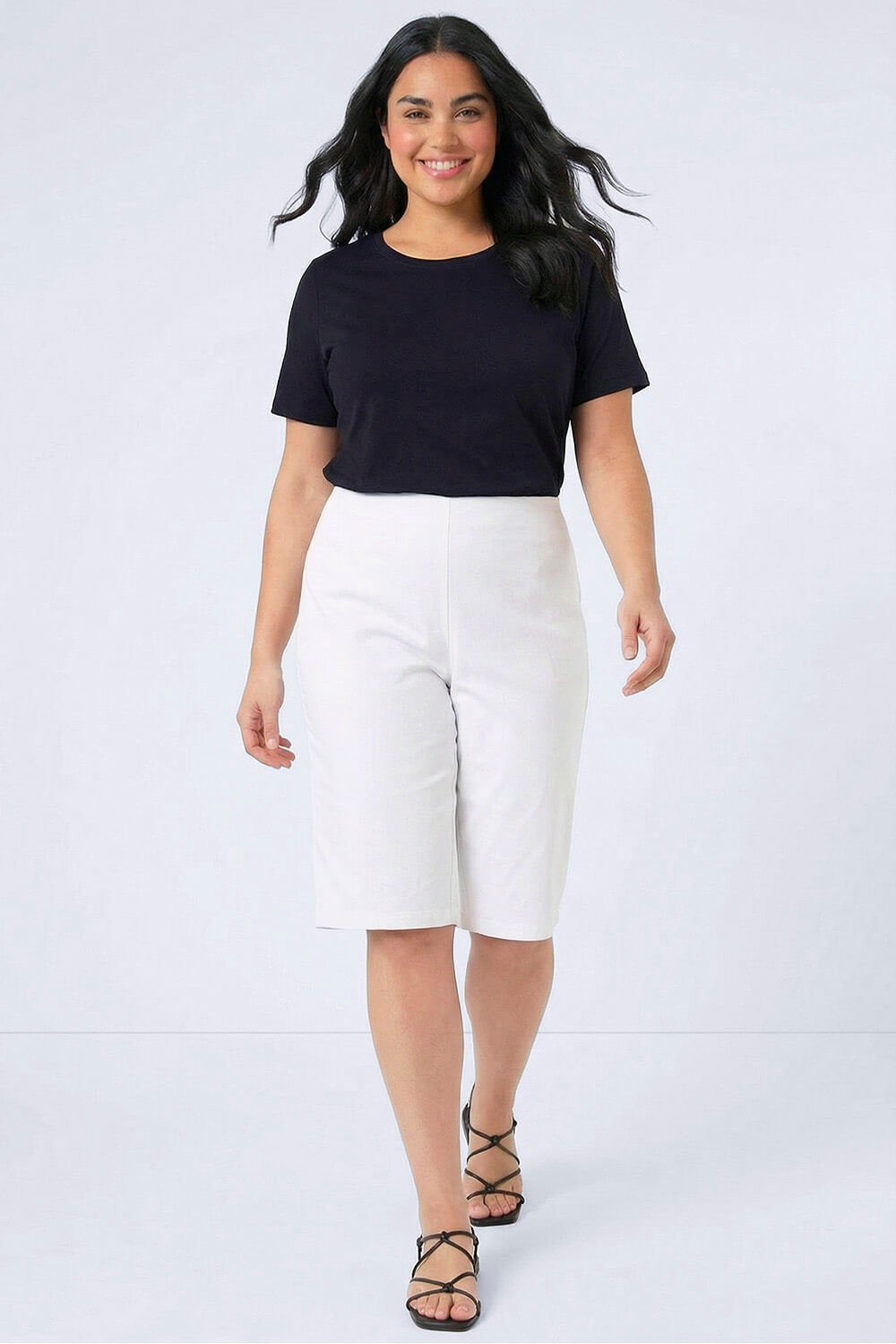 White Curve Knee Length Elastic Waist  Shorts, Image 1 of 4