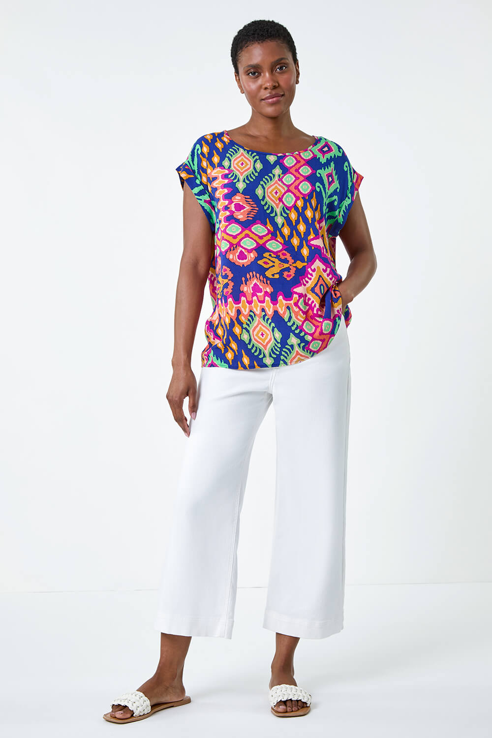 Roman Women's Blue Aztec Print Short Sleeve Top - Size 12