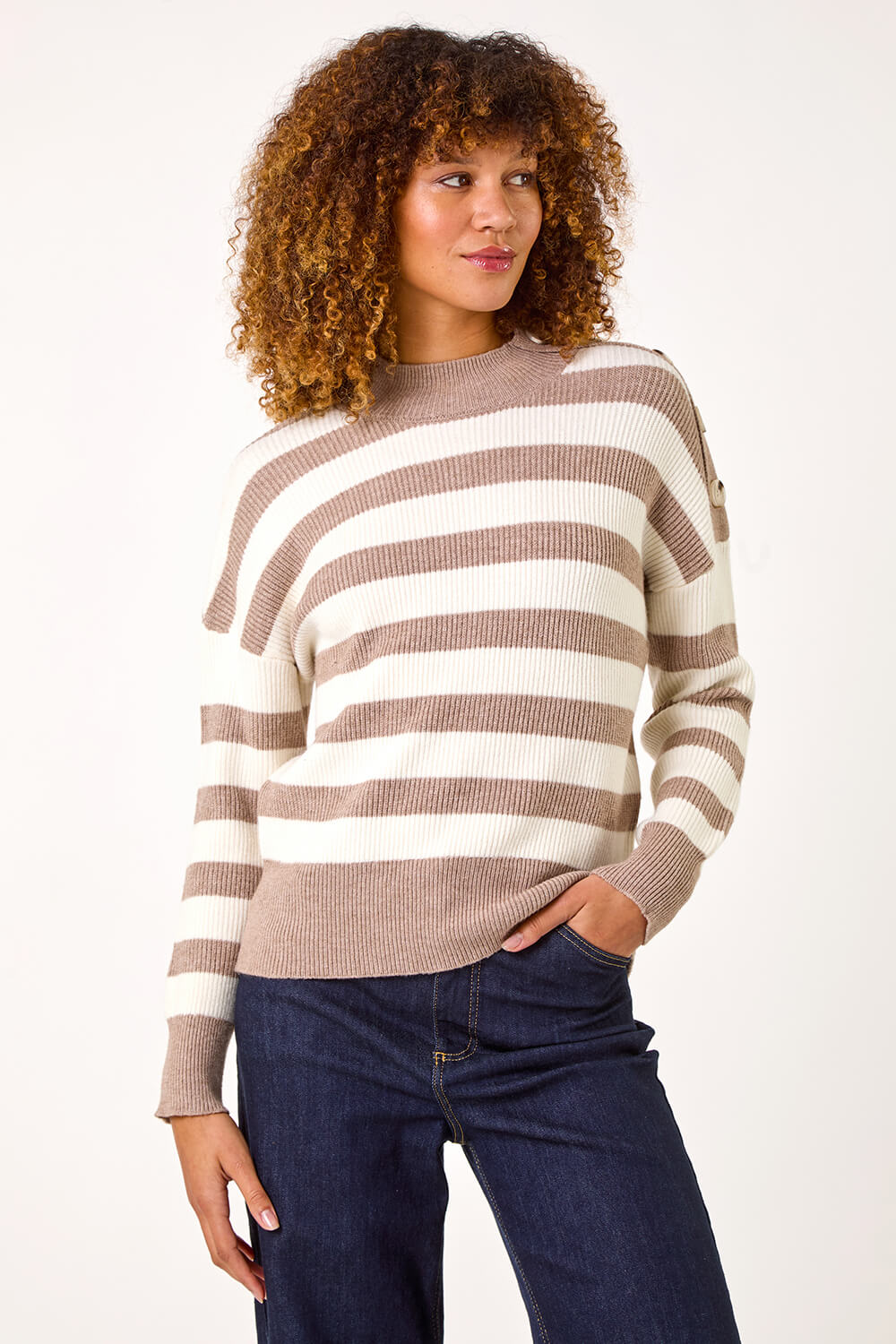 Taupe Button Shoulder Stripe Knit Jumper, Image 5 of 5