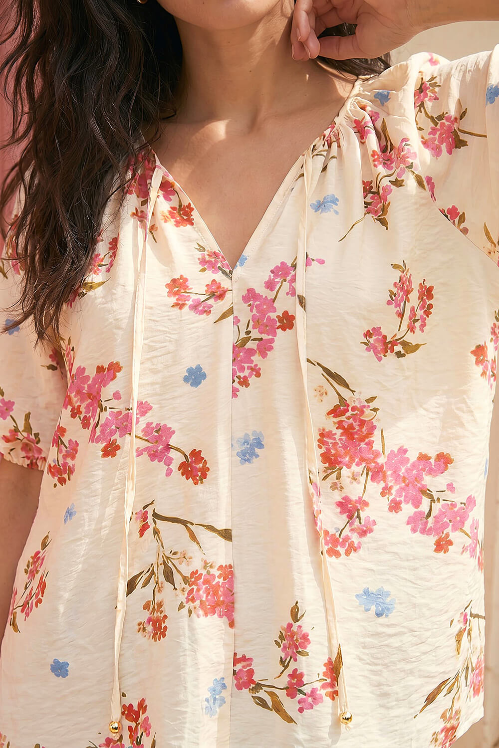 Ivory Floral Print Tie Front Top, Image 5 of 4