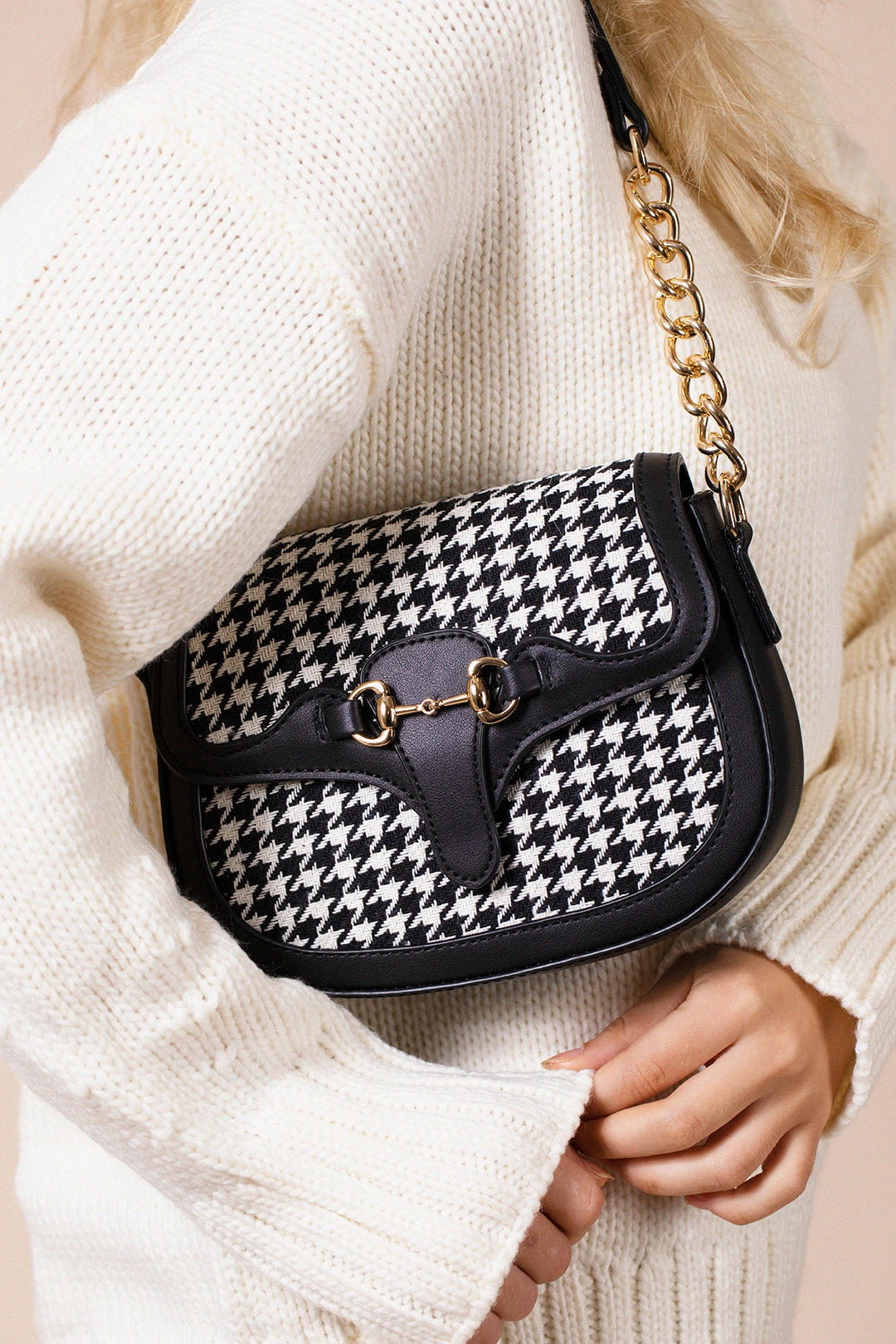 Black Houndstooth Shoulder Bag in Black & White, Image 1 of 4