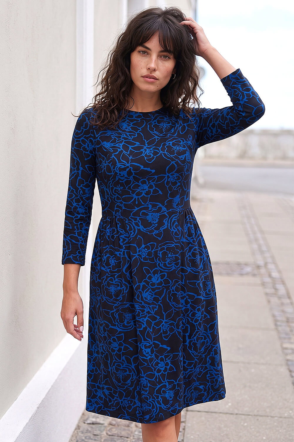 Roman Women's Blue Floral Side Ruched Dress Size 14