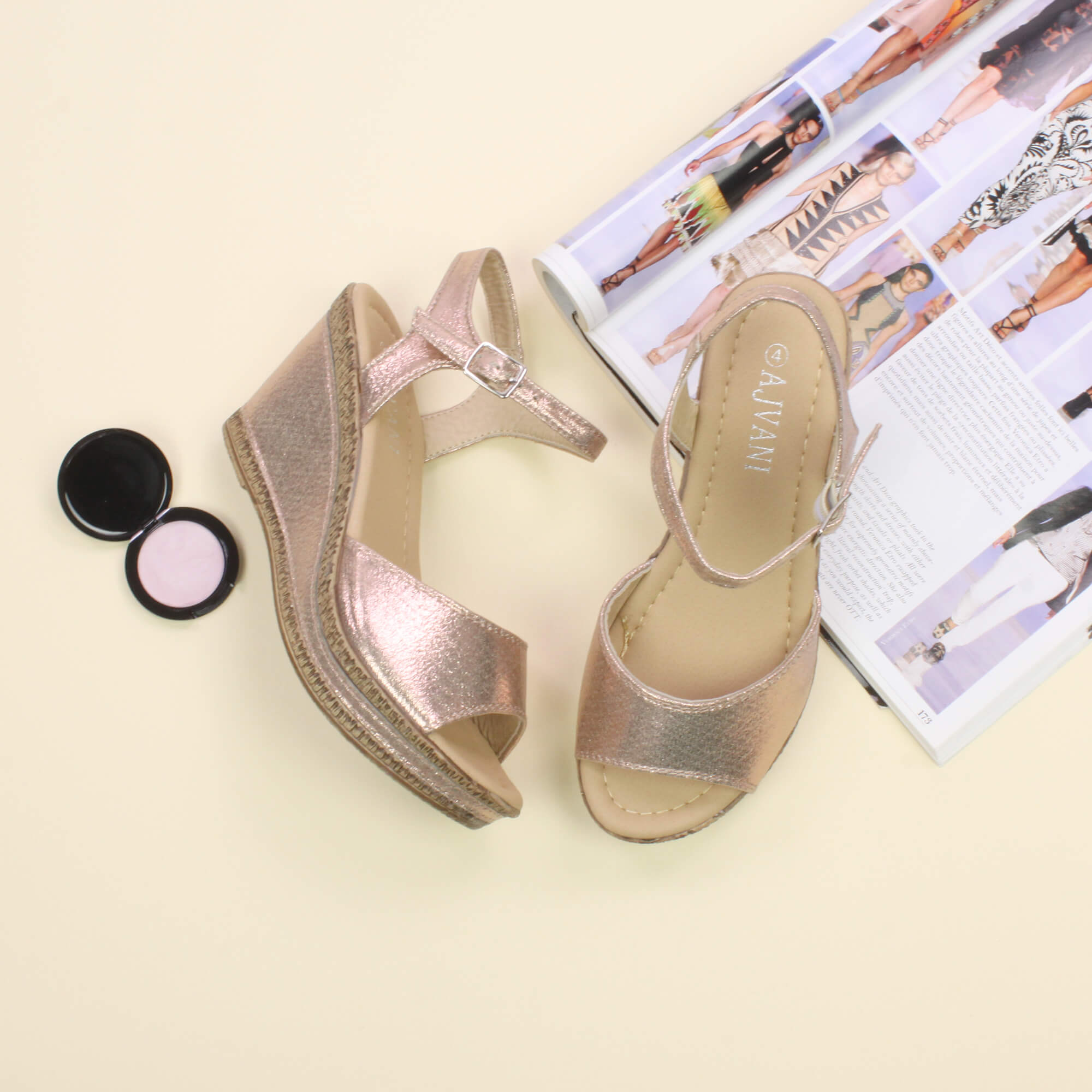 Rose Gold AJVANI Rose Gold High Wedge Heel Ankle Strap Cork Sandals, Image 4 of 6