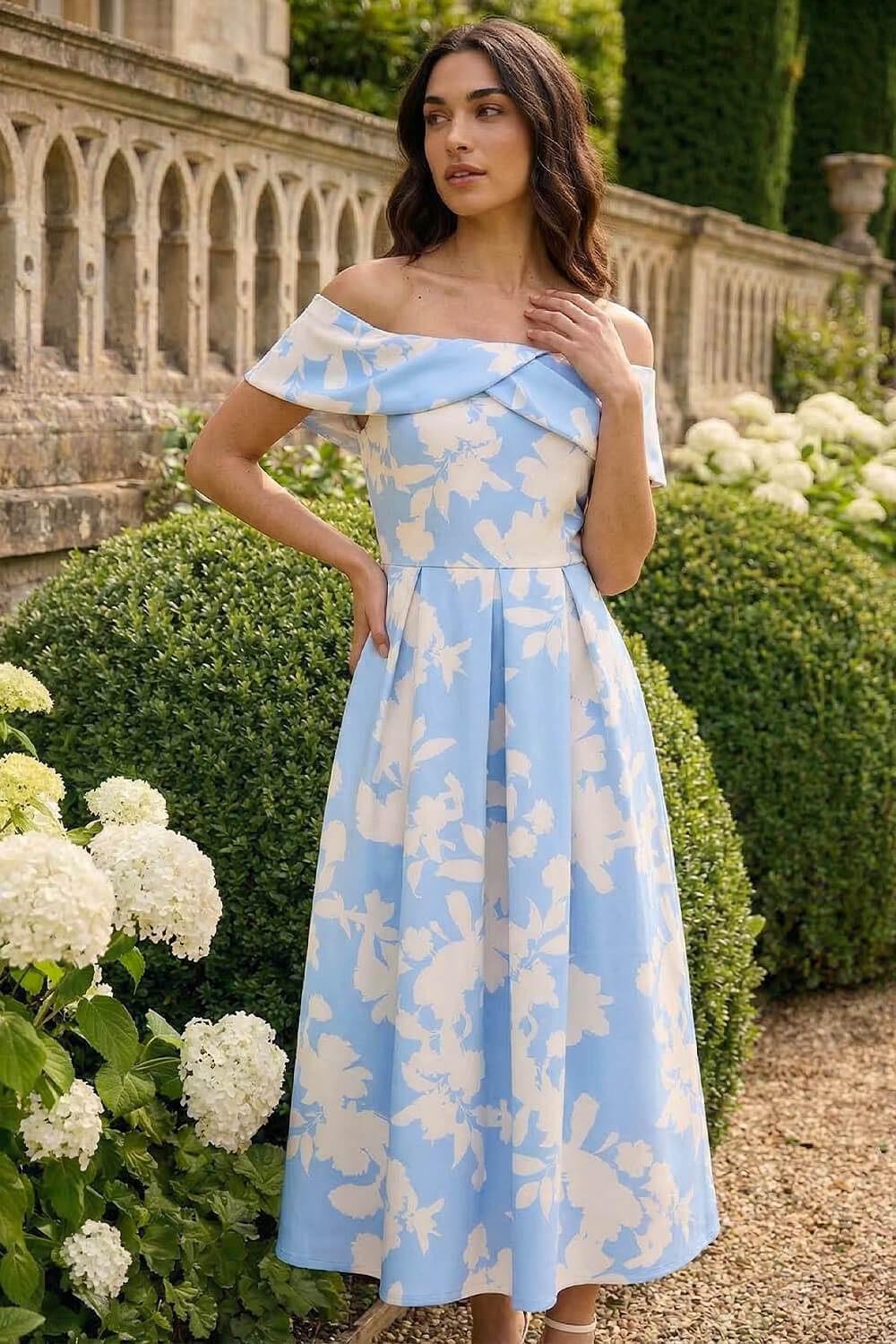 Light Blue Floral Bardot Premium Stretch Midi Dress, Image 3 of 4