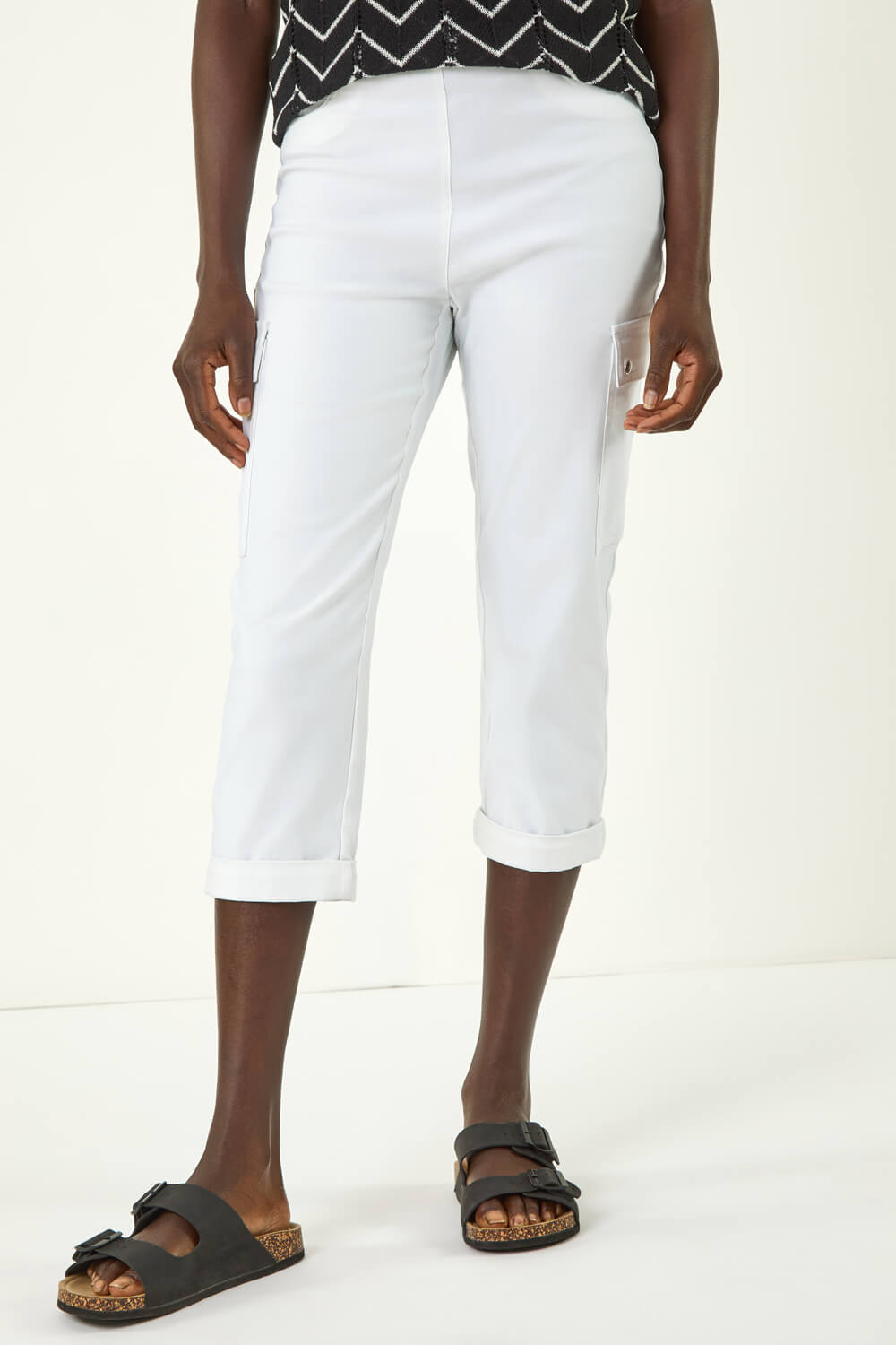 White Turn Up Stretch Cargo Trousers, Image 5 of 5