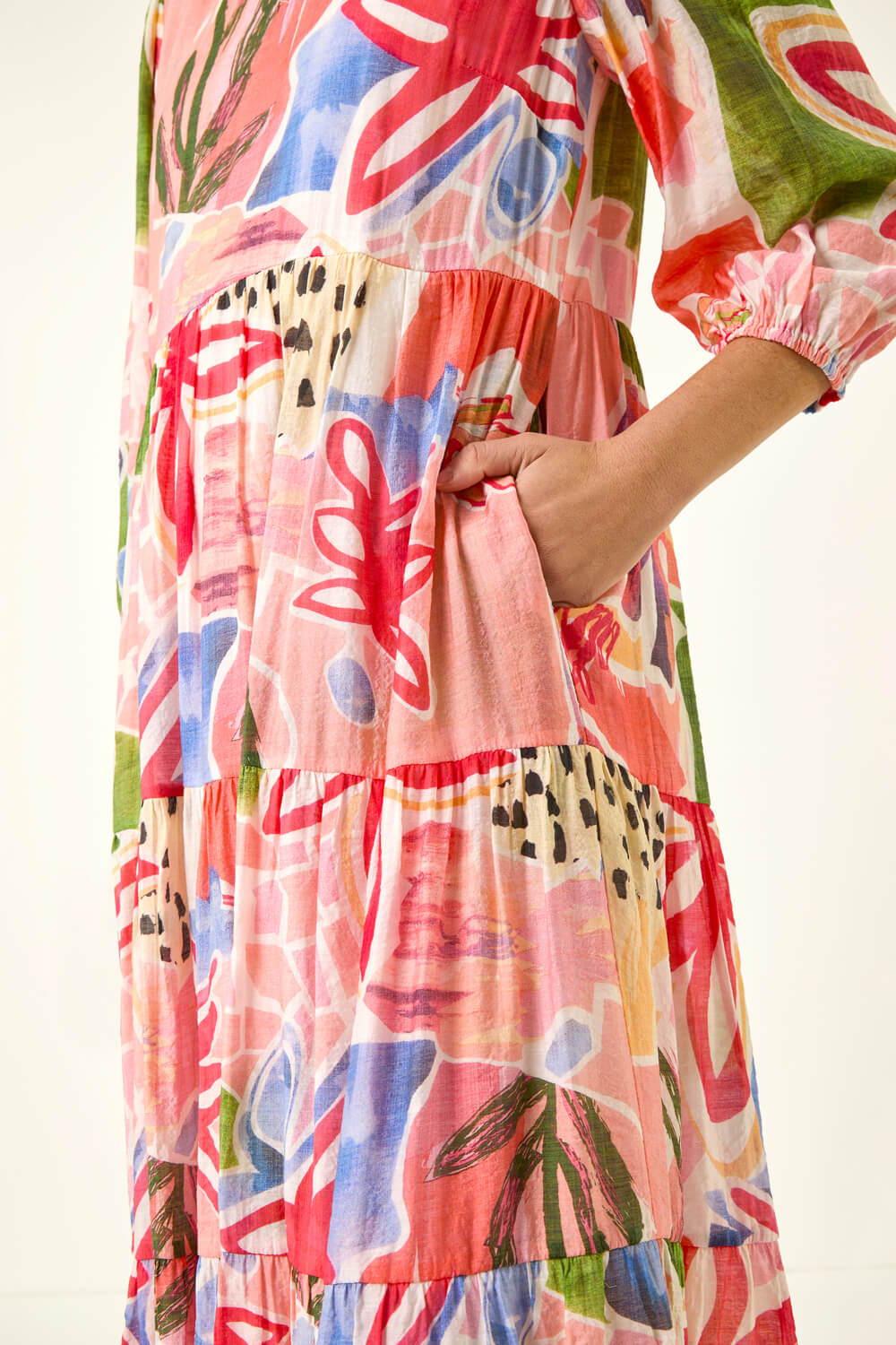 Red Abstract Print Tiered Dress, Image 6 of 5