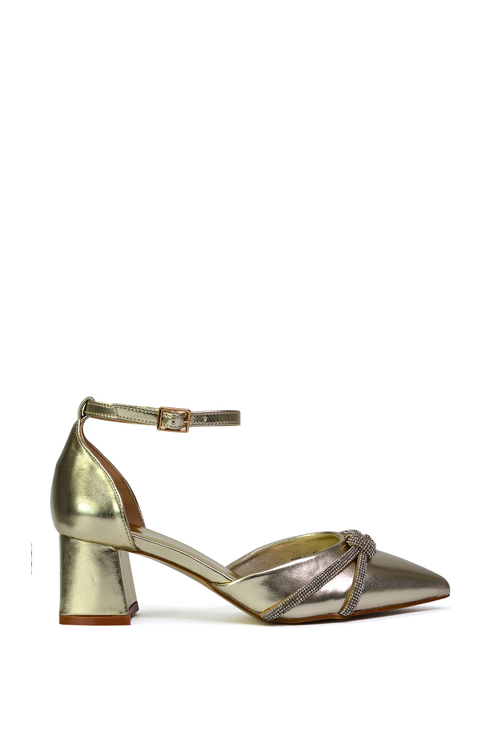 Black 'Sarah' Ankle Strap Pointed Toe Diamante Mid Block Heels