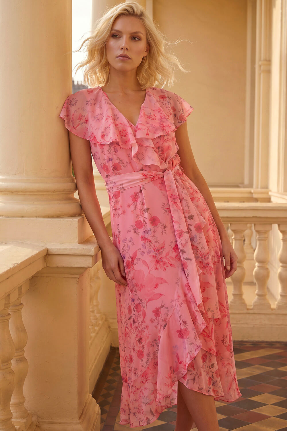 Roman Petite Women's Coral Floral Frill Midi Dress Size 18