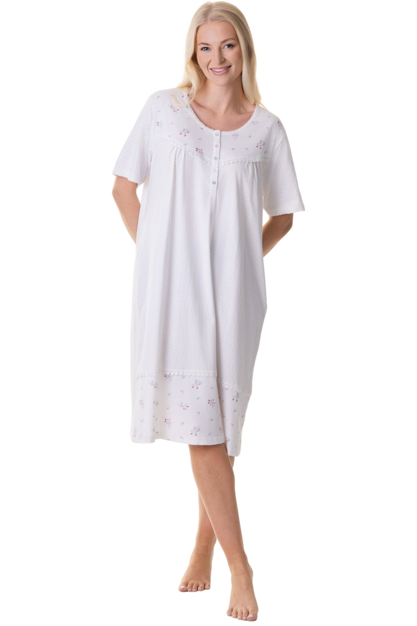 White 100% Cotton Short Sleeved Polka Dot Nightdress