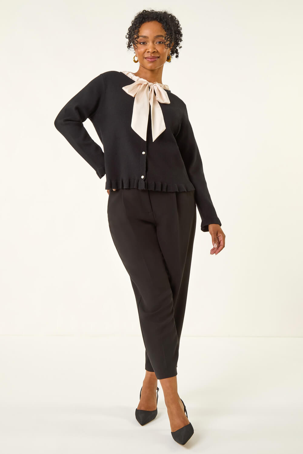 Black Petite Tie Neck Frill Hem Cardigan, Image 3 of 7