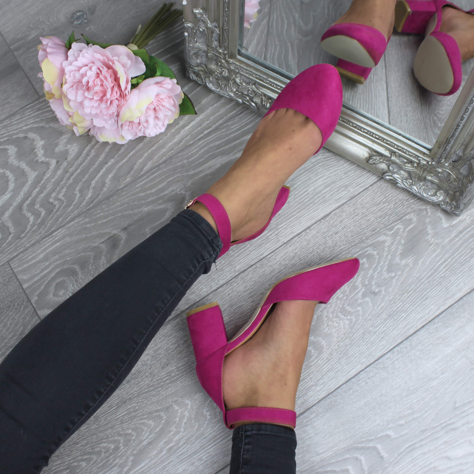 Fuchsia AJVANI Fuchsia Mid Block Heel Ankle Strap 2 Part Heels, Image 5 of 6