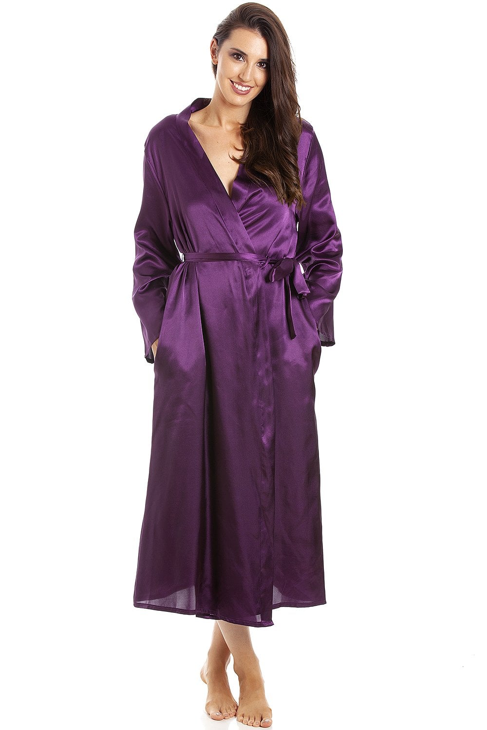 Purple Camille Lingerie Purple Full Length Long Sleeve Plain Satin Wrap, Image 1 of 5