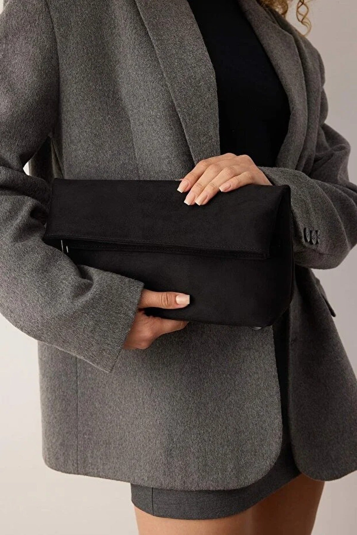 Black WOVCOR Black Soft Suede Foldover Clutch Bag, Image 1 of 4
