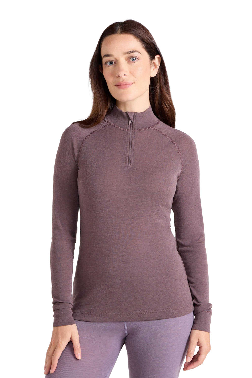 Brown Merino Wool Zip Neck Thermal Top, Image 1 of 5