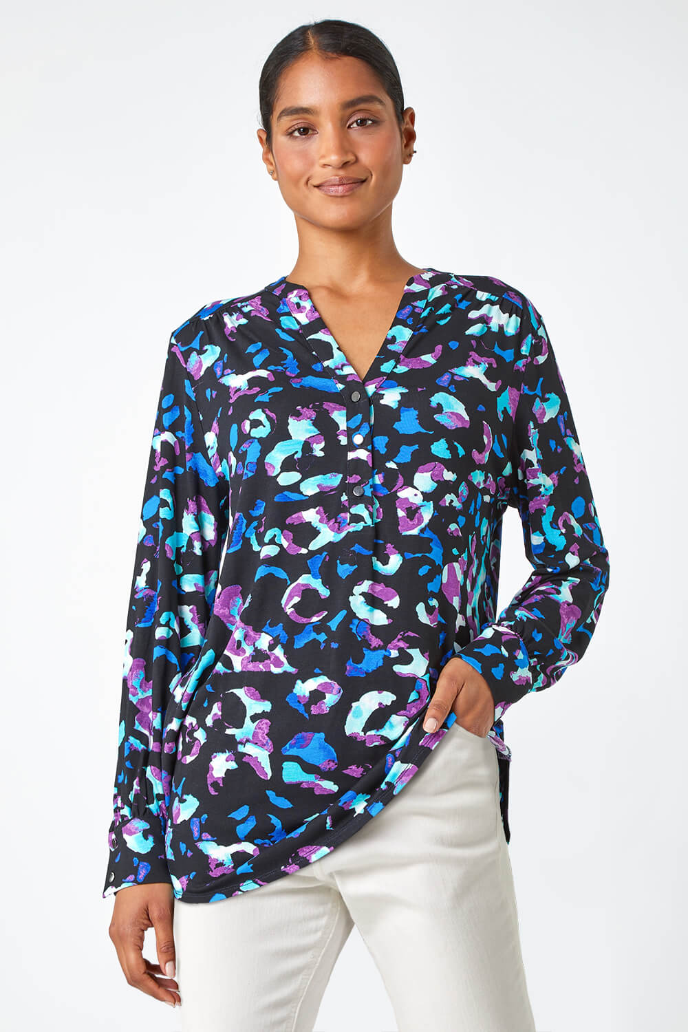 Blue Animal Print V-Neck Stretch Shirt Top, Image 1 of 5