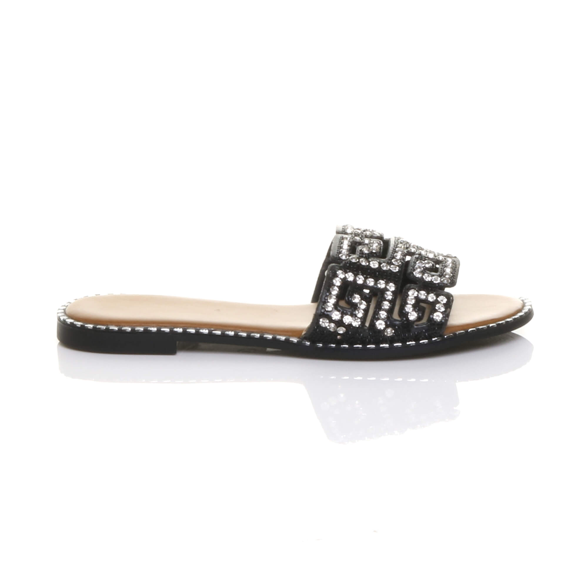 Black Flat Diamante Mule Sandals Flip Flips Sliders, Image 2 of 4