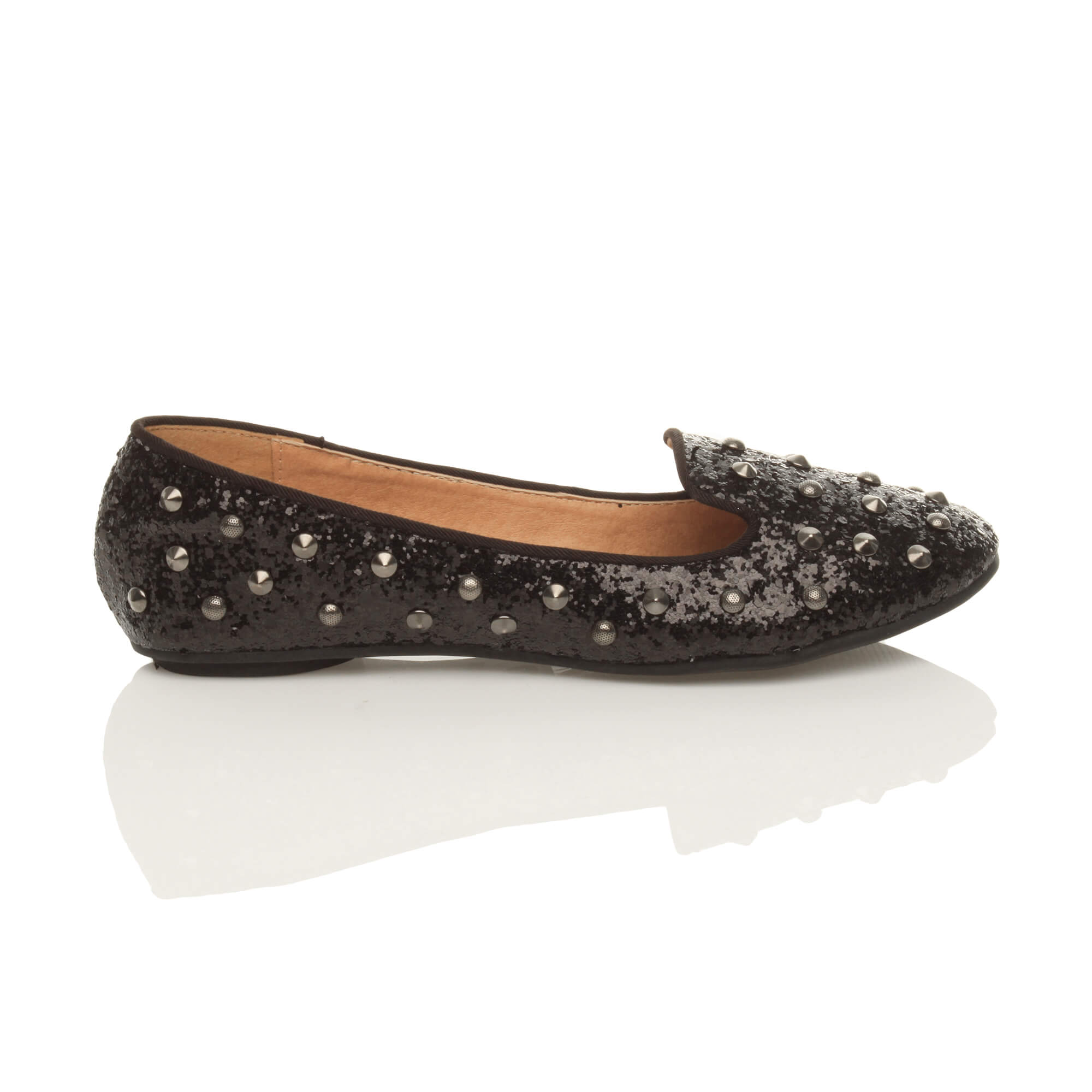 Black Studded Glitter Loafers Ballet Flats, Image 2 of 5