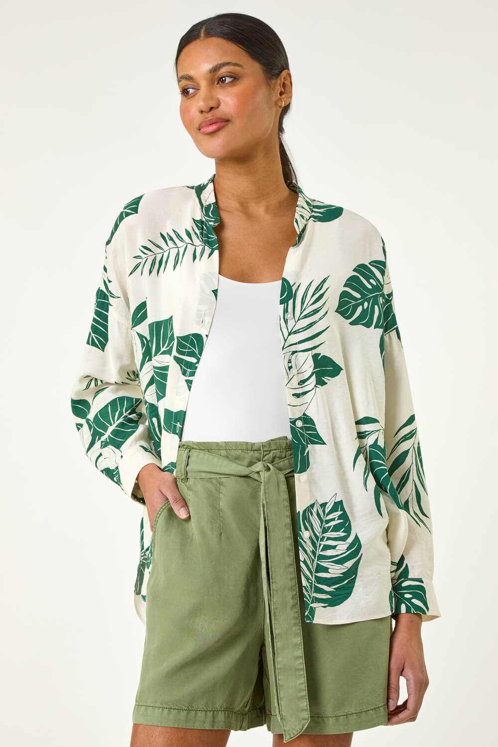 Regular Fit Long Sleeve Shirt - Tropical Leaf - Green