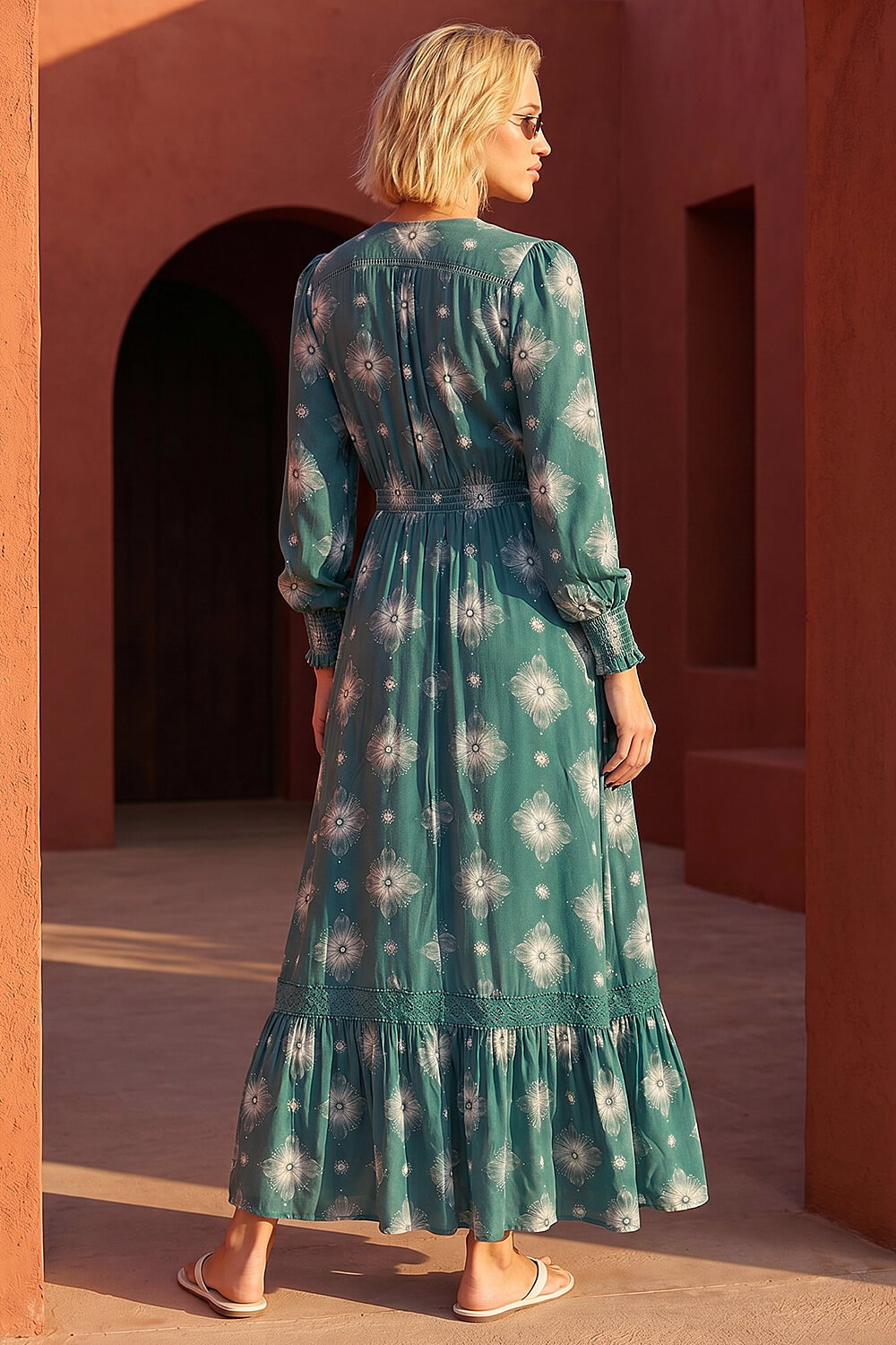Emerald Floral Lace Trim Midi Dress, Image 4 of 4