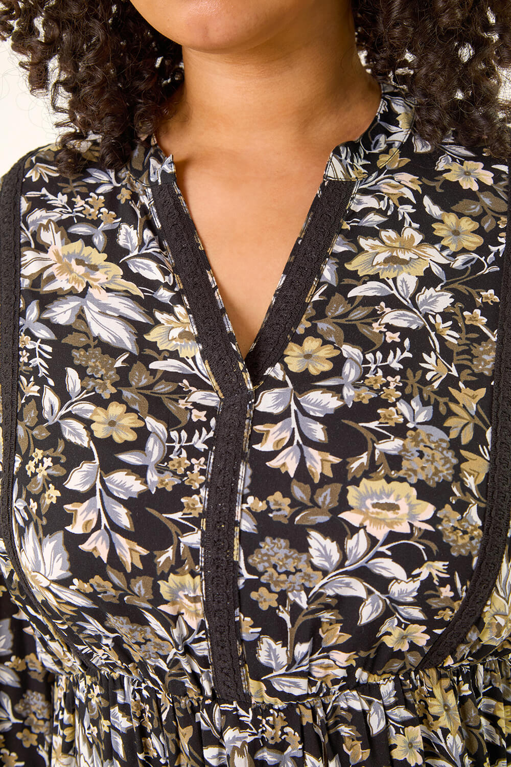 Black Curve Floral Woven Tunic Top, Image 6 of 5