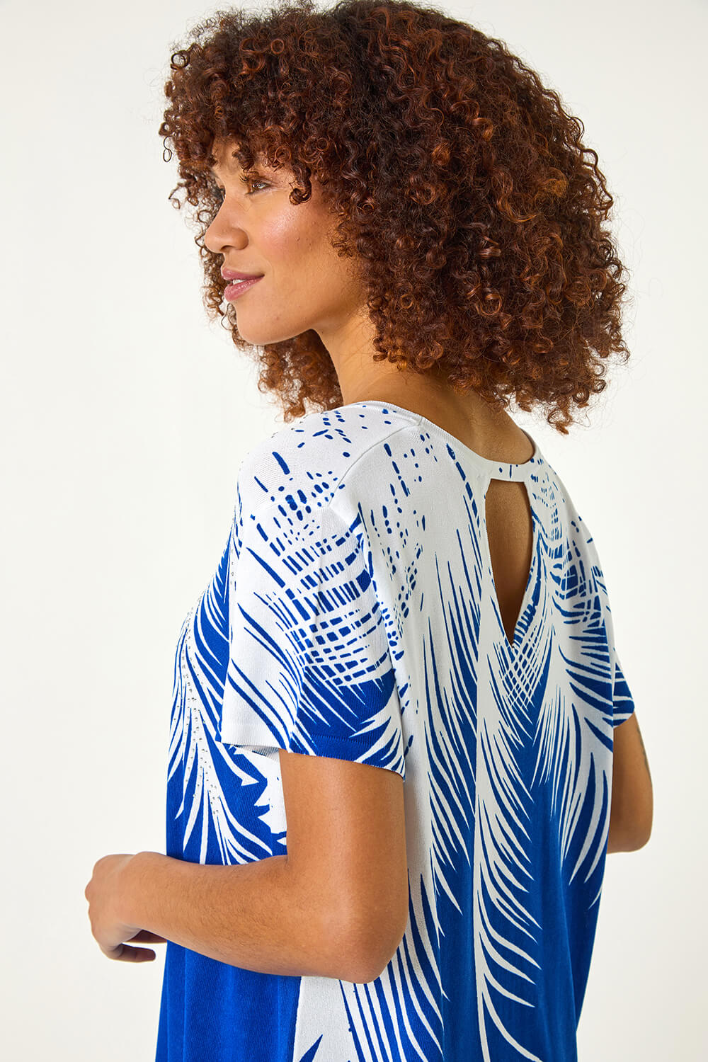 Roman Women's Royal Blue Palm Leaf Hotfit Knitted Top - Size 12