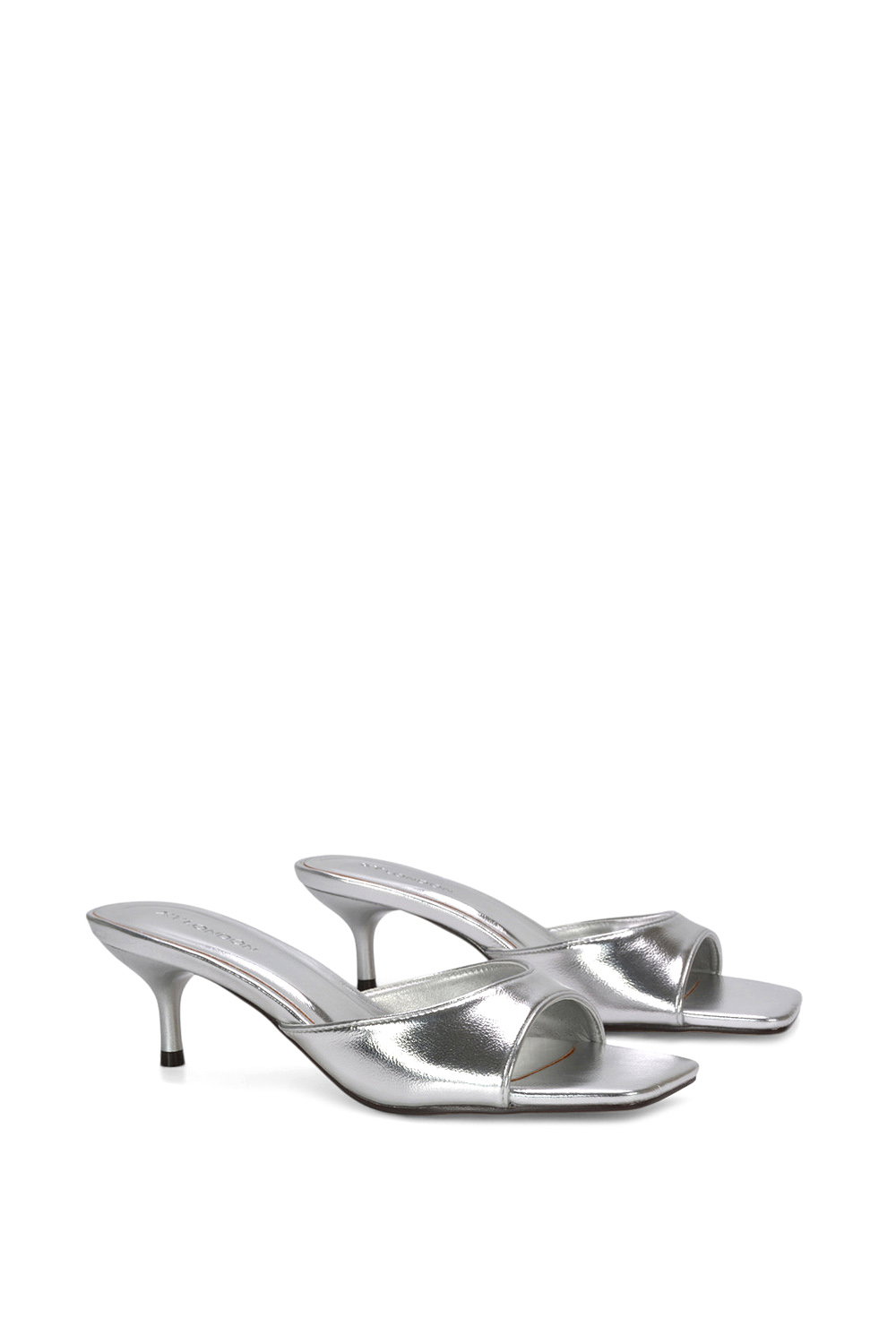 Silver XY LONDON Silver 'Jane' Square Toe Kitten Heel Slip On Heeled Sandal Mules, Image 3 of 6