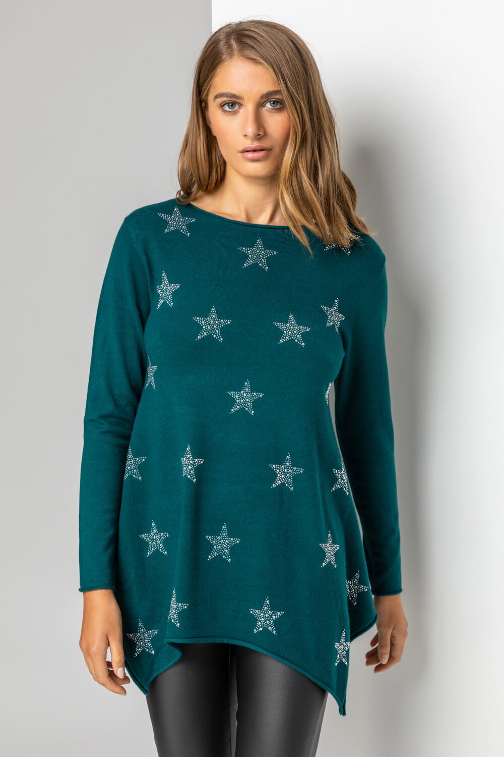 Teal Star Print Knitted Tunic Top with Tassel Scarf, Image 5 of 5