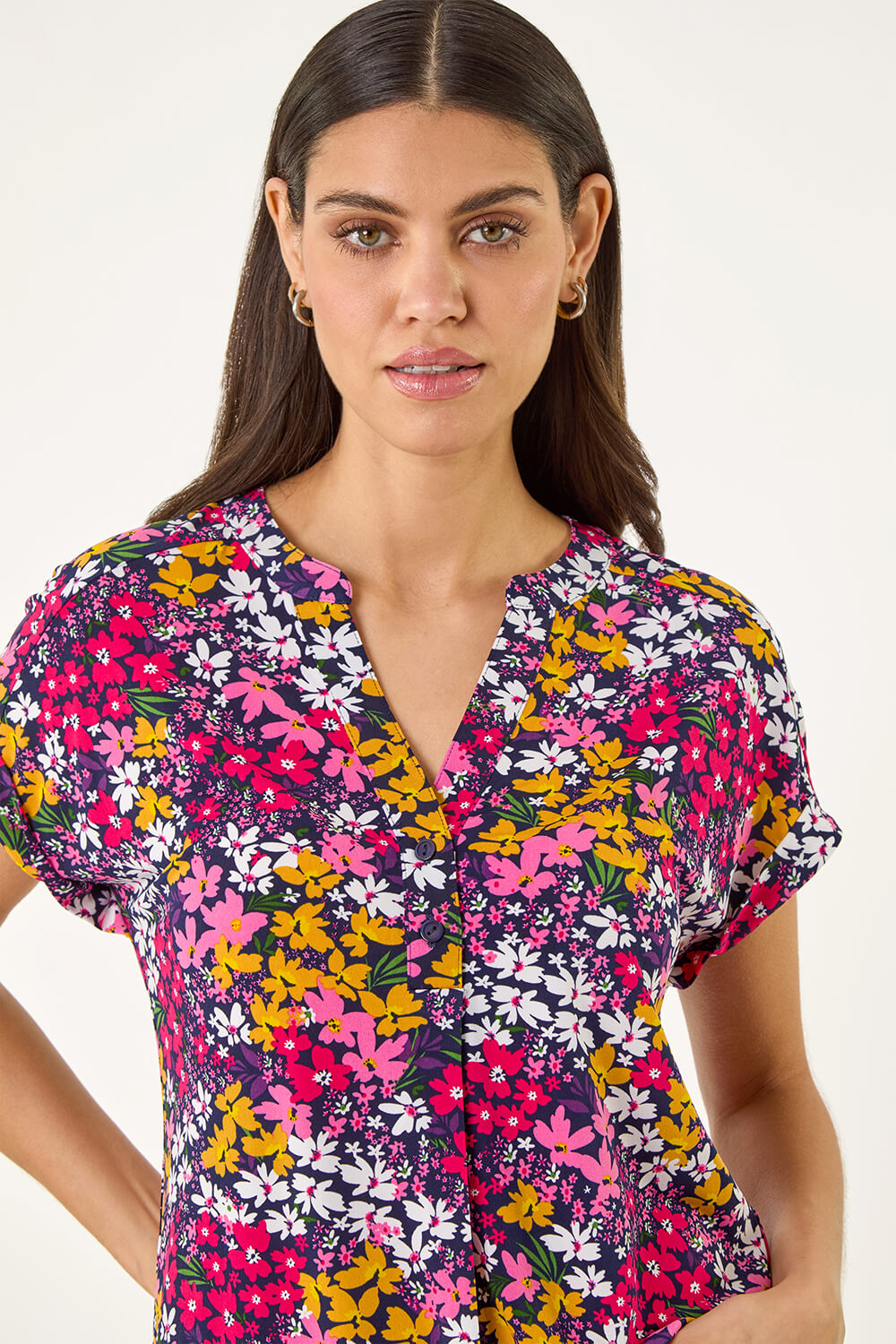 Roman Women's Fuchsia Floral Print Stretch Shirt Size 20