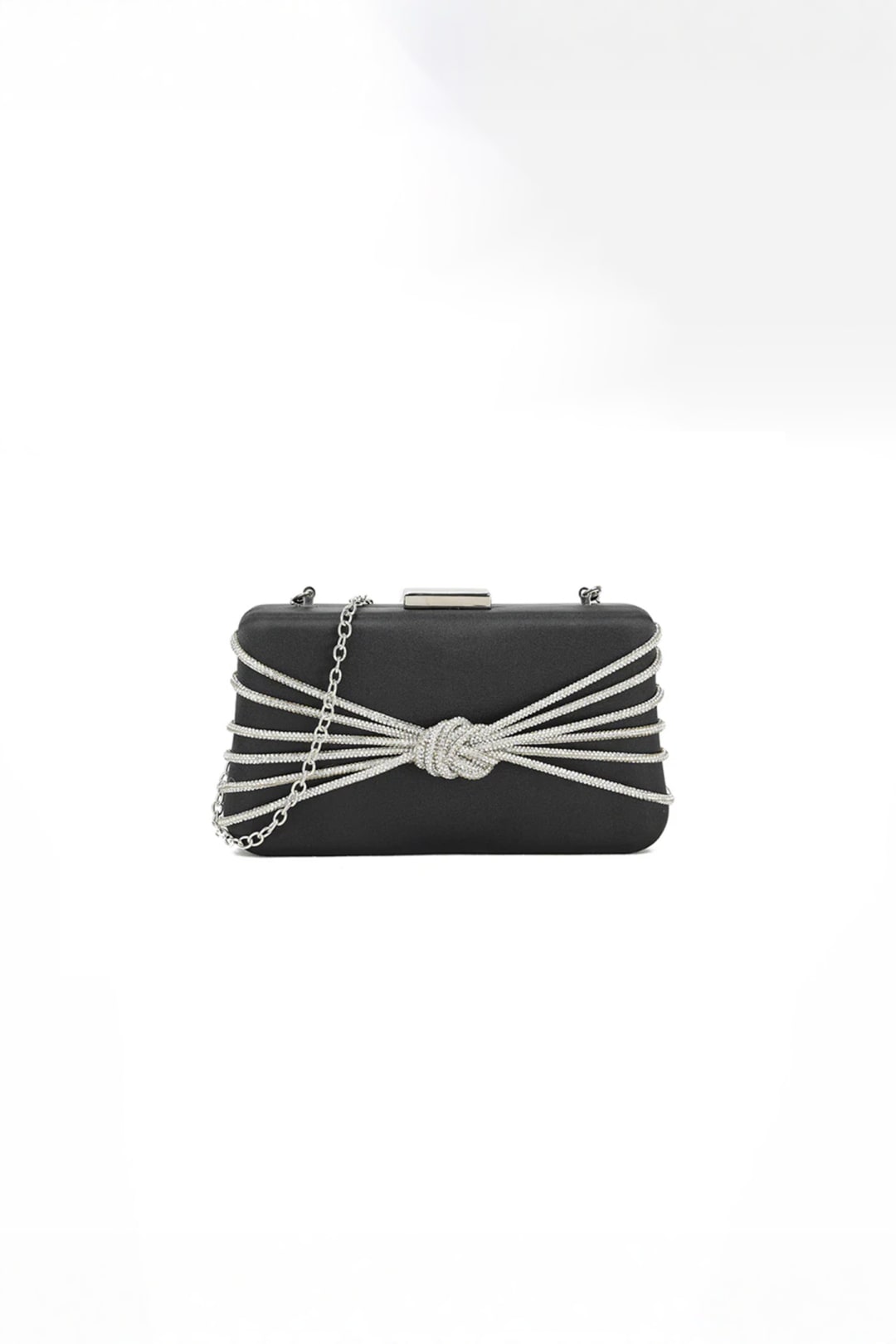 Black Satin Diamante Knot Detail Clutch Bag