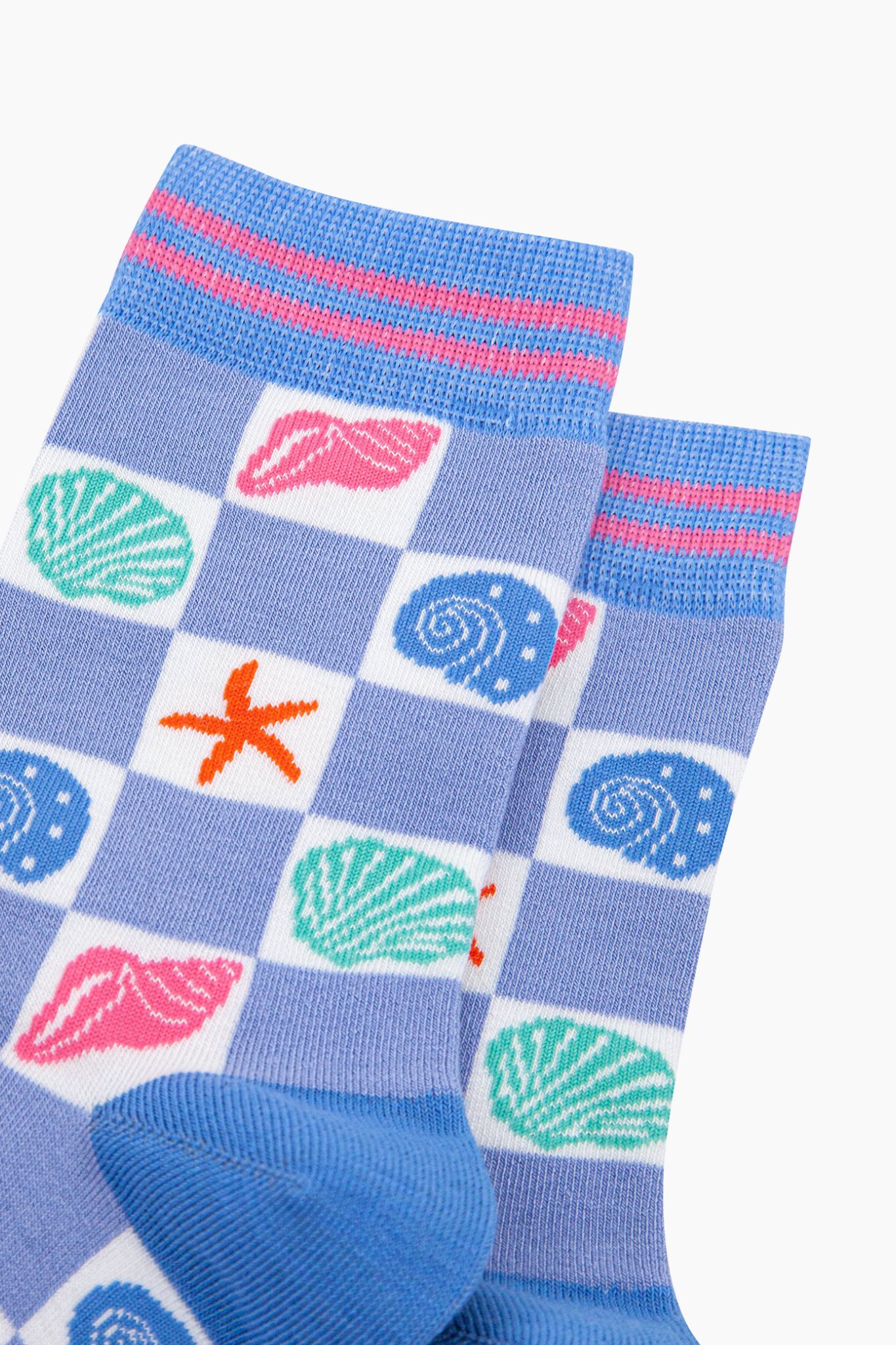 Blue Seashell Checkerboard Bamboo Socks in Blue, Image 2 of 4