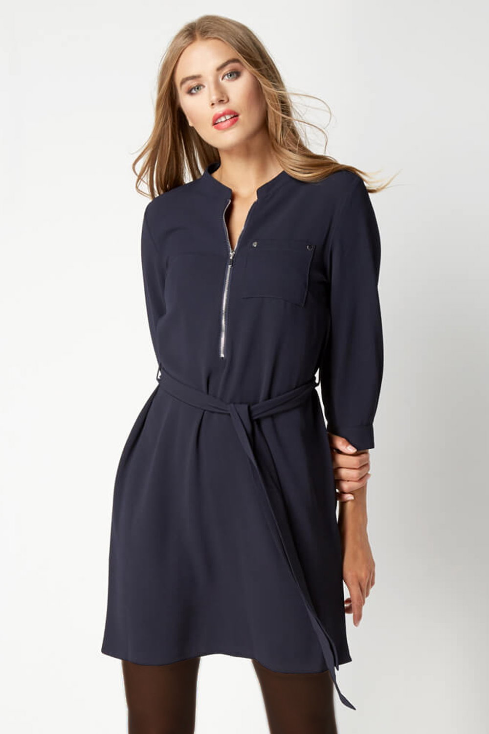 Navy  Zip Front Shirt Dress, Image 1 of 4