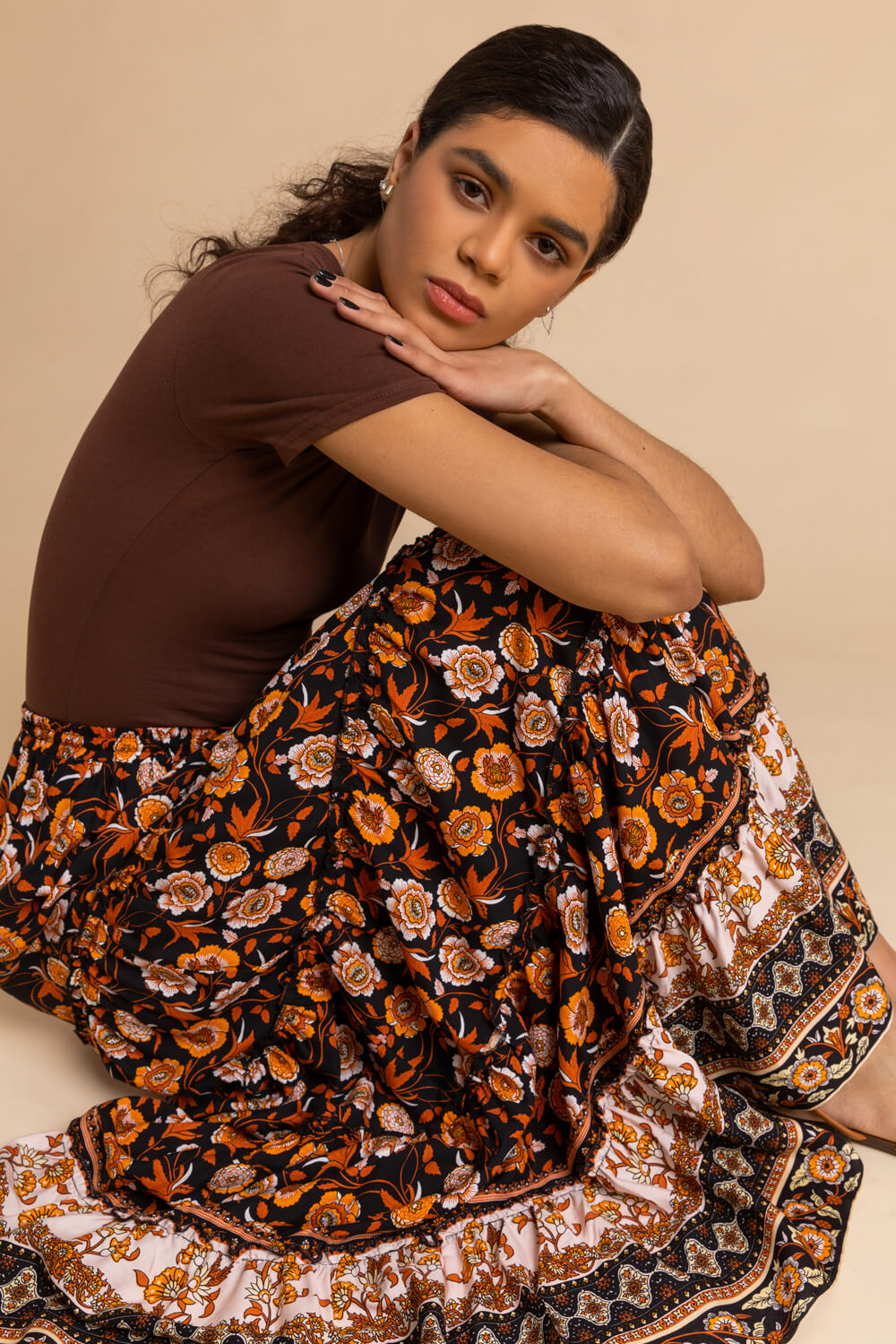 Black Floral Boho Print Tiered Maxi Skirt, Image 5 of 4