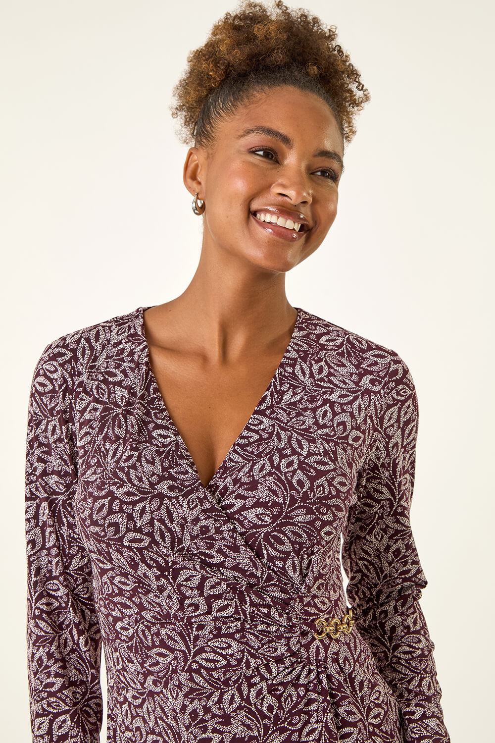 Burgundy Leaf Print Chain Detail Dress, Image 5 of 5