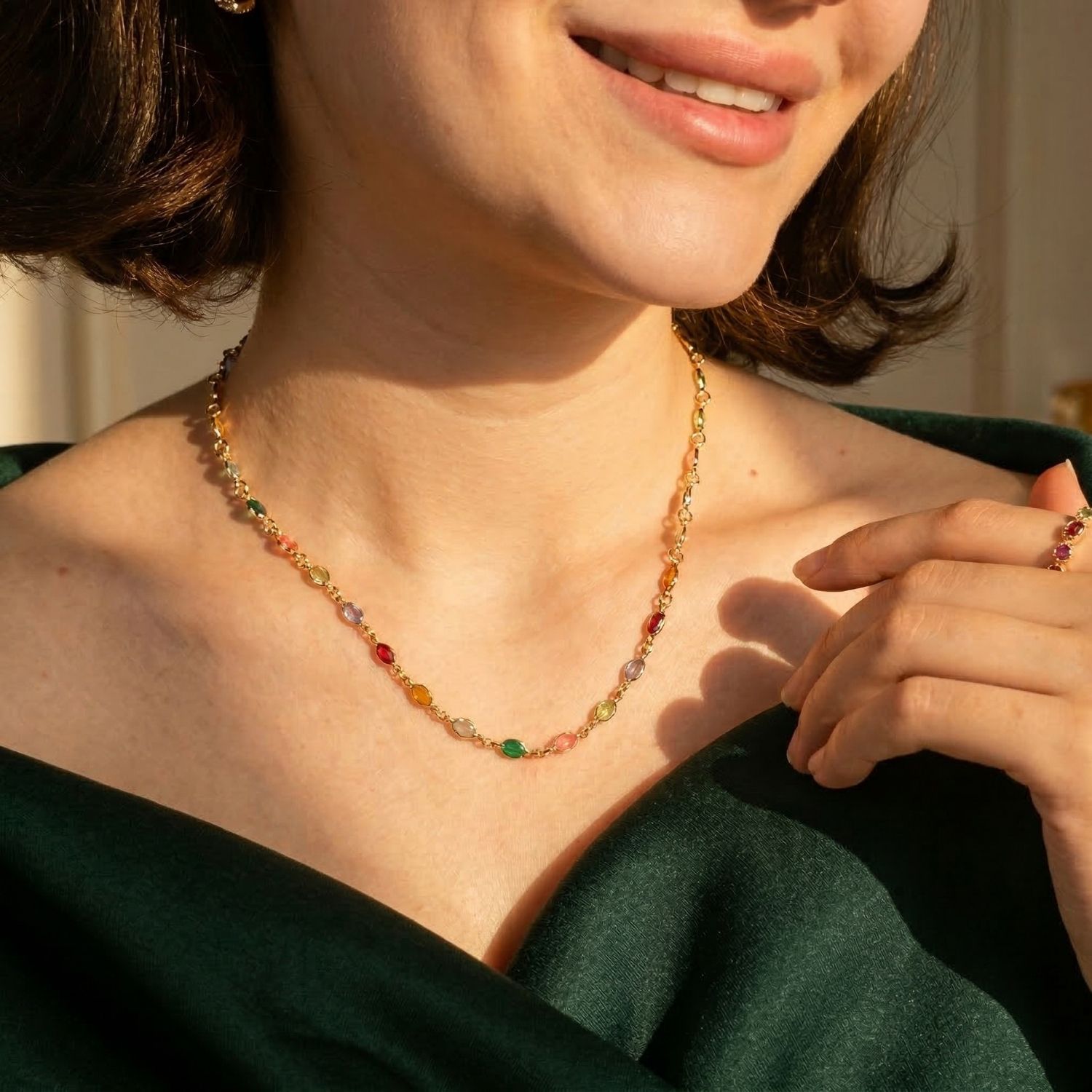 Gold 18ct Gold Vermeil Multi Gemstone Crystal Necklace, Image 3 of 5
