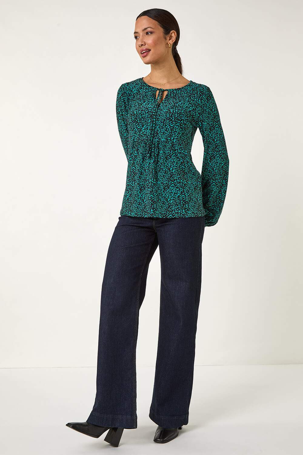 Teal Printed Tie Neck Top, Image 3 of 5