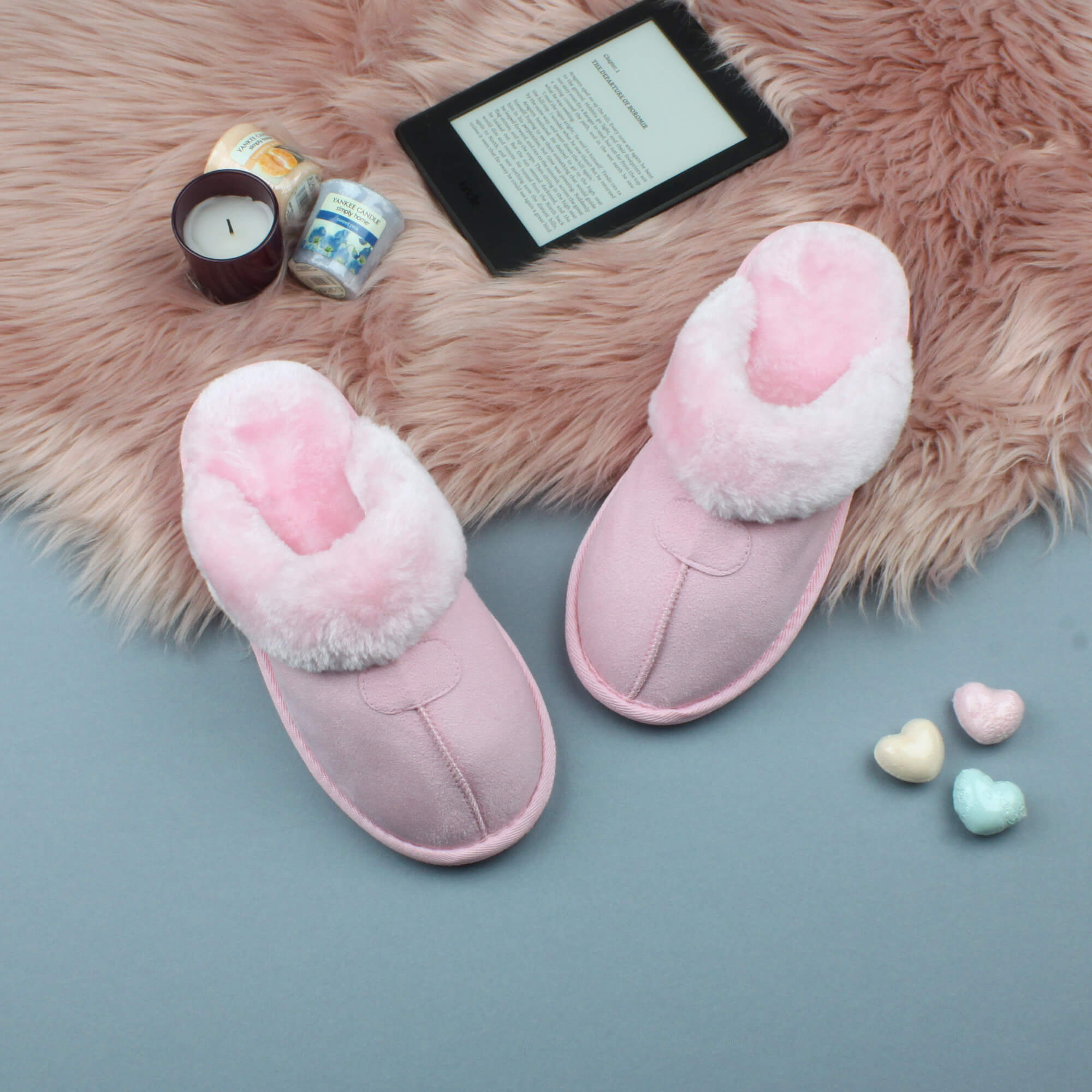 Pink Faux Fur Lined Slip On Memory Foam Mules Slippers, Image 3 of 5