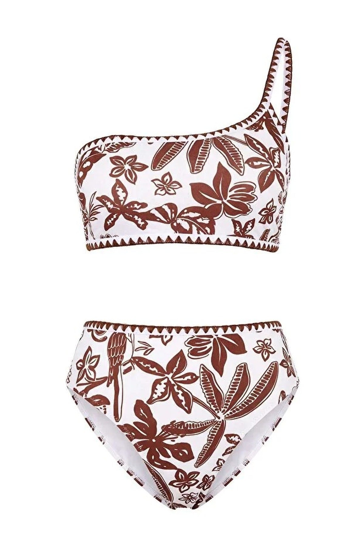 Multi One Shoulder Tropical Print High Waisted Bikini Set, Image 3 of 5