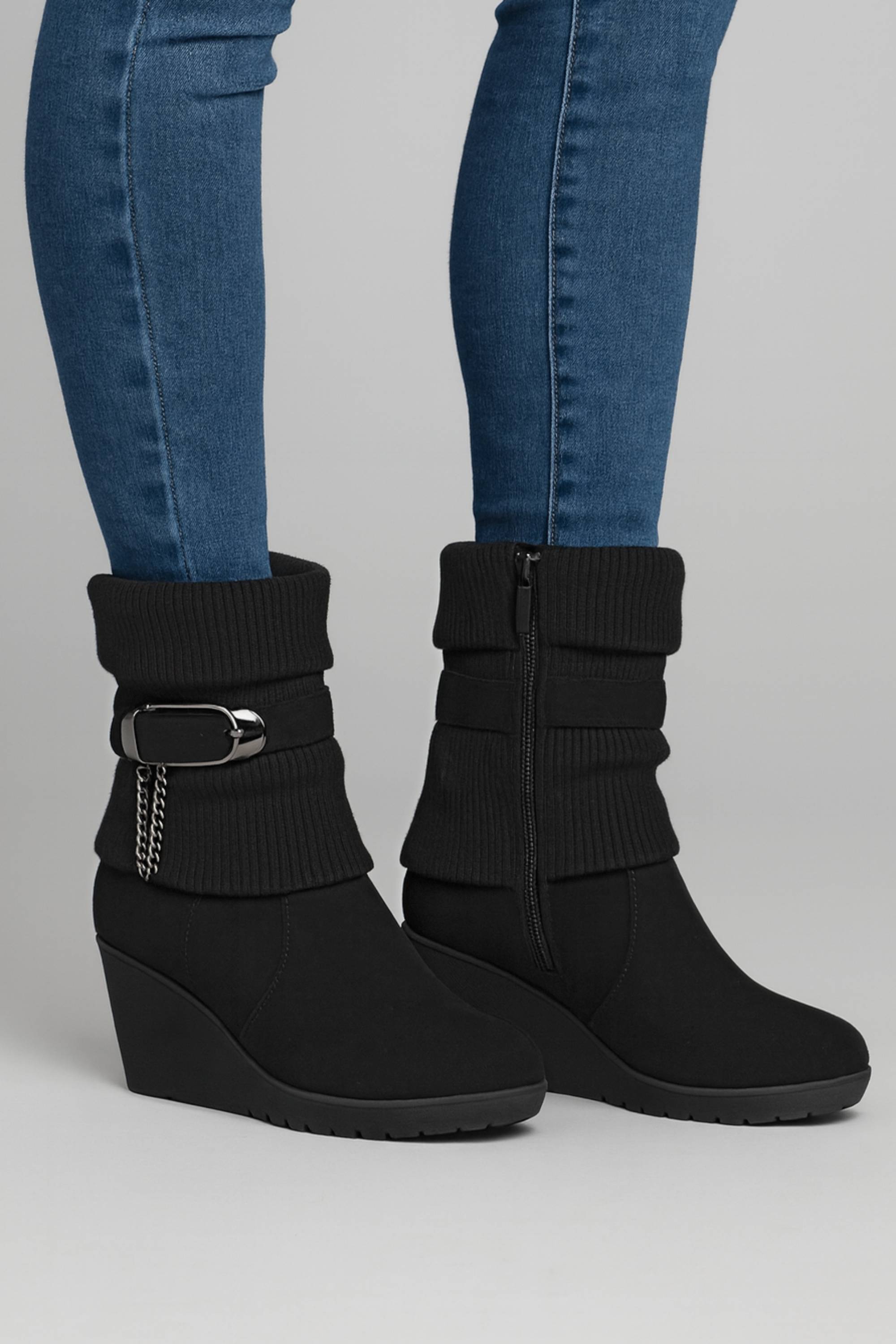 Black AJVANI Black Mid Wedge Heel Slouch Ankle Boots, Image 2 of 6