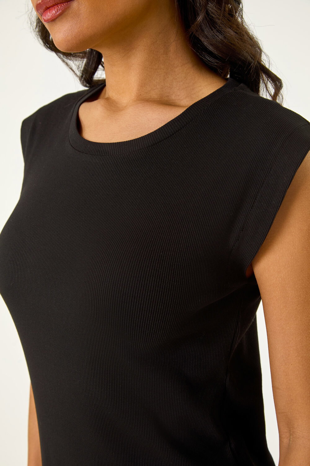Black Ribbed Cap Sleeve Midi Dress, Image 6 of 5