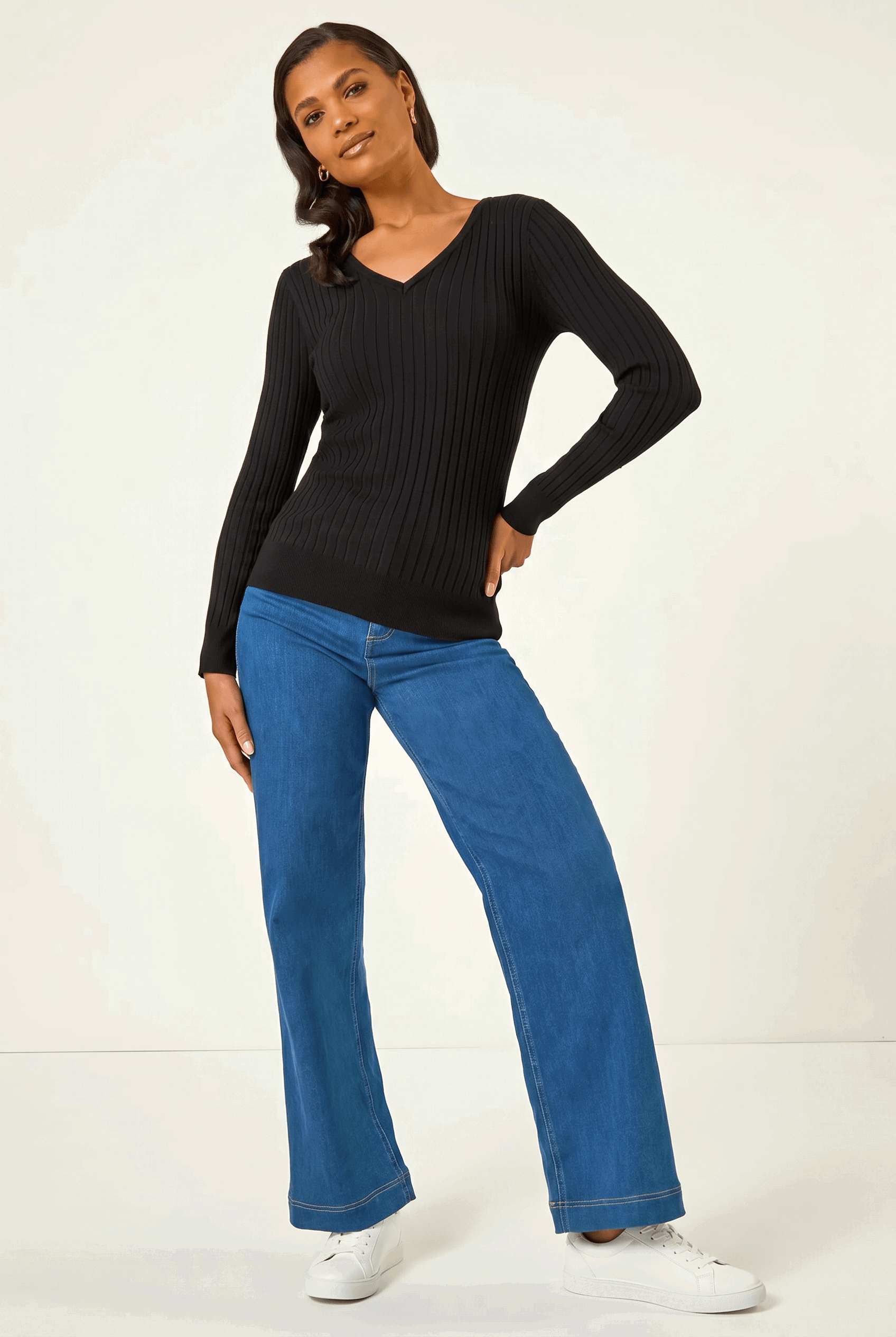 Black V-Neck Ribbed Knit Jumper, Image 3 of 5