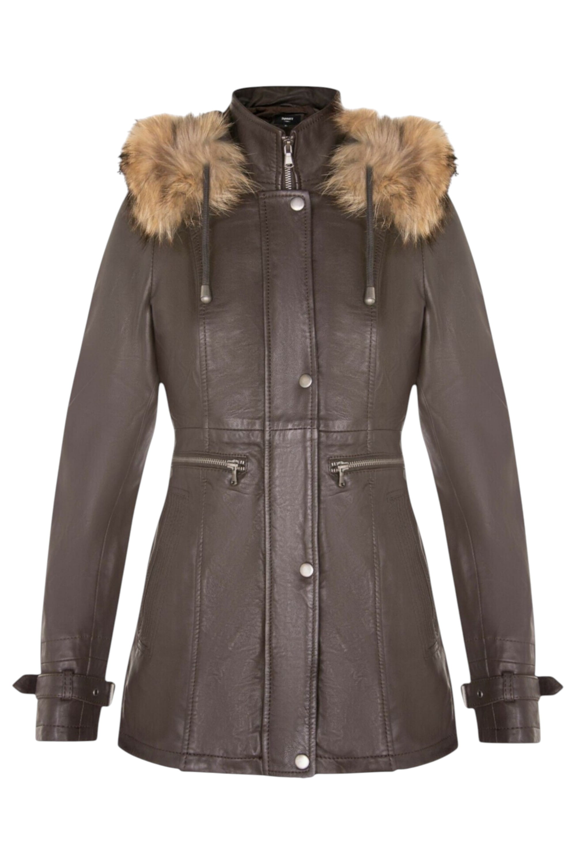 Brown Leather Hooded Parka Jacket-Putian, Image 1 of 5