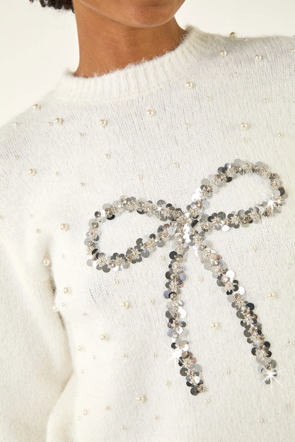 Ivory Embellished Bow Front Knit Jumper, Image 1 of 5