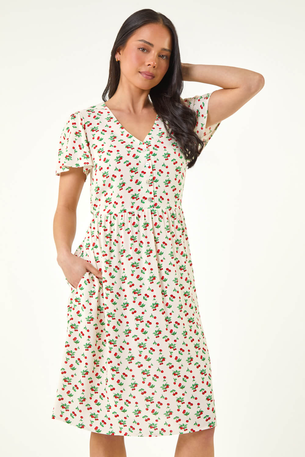 Roman Petite Women's Ivory Cherry Print Pocket Dress Size 18