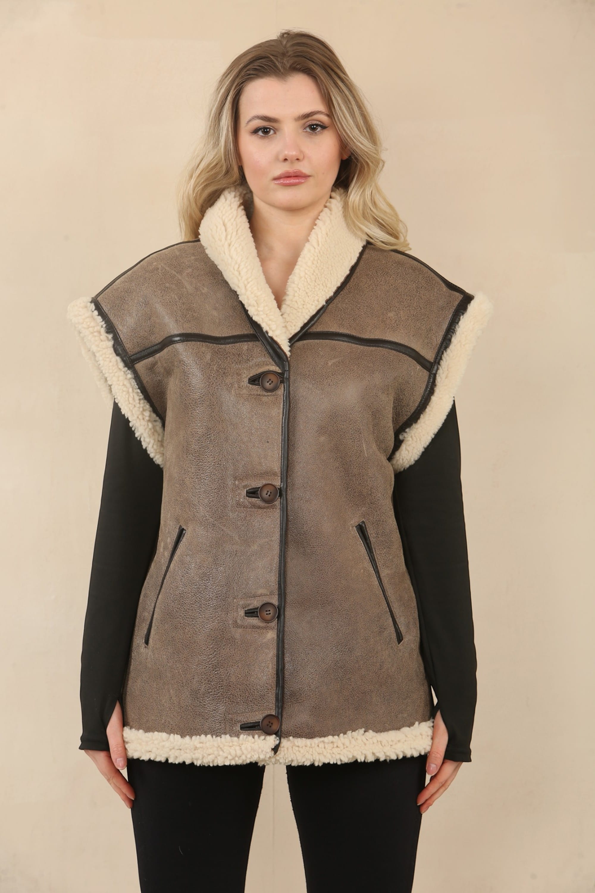 Brown Aviator Shearling Leather Gilet - Chevak, Image 7 of 7