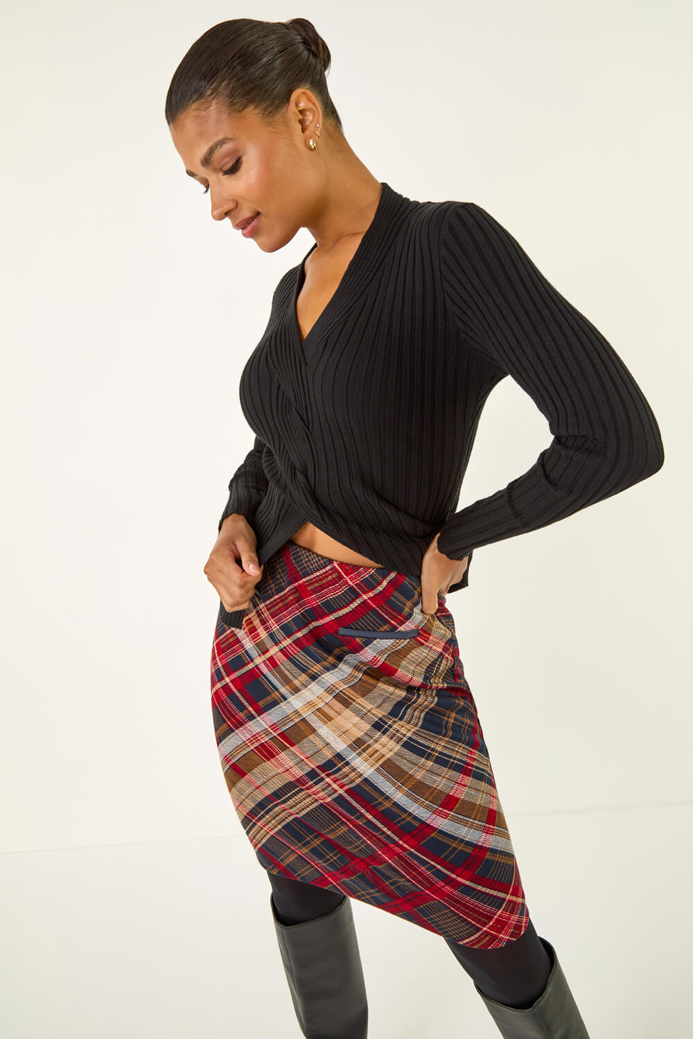 Red Check Print Stretch Pencil Skirt, Image 3 of 5