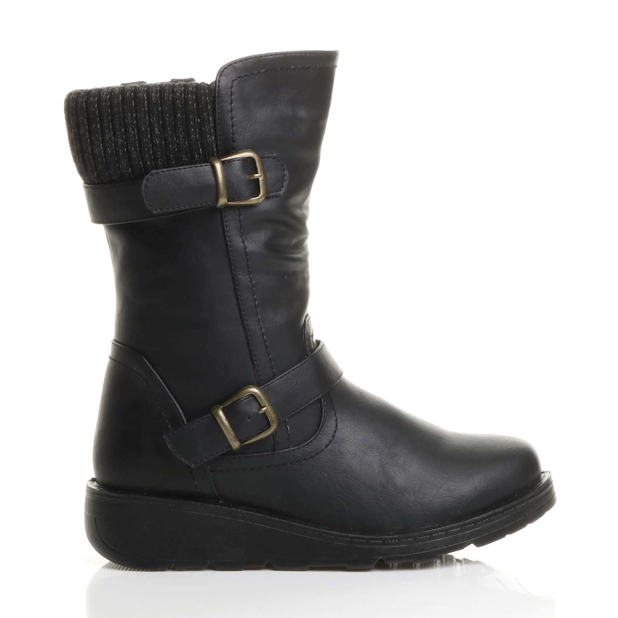 Black Low Wedge Heel Comfort Calf Biker Boots, Image 2 of 6