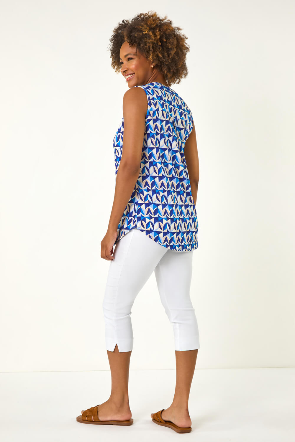 Blue Geometric Gathered Vest Top, Image 4 of 5