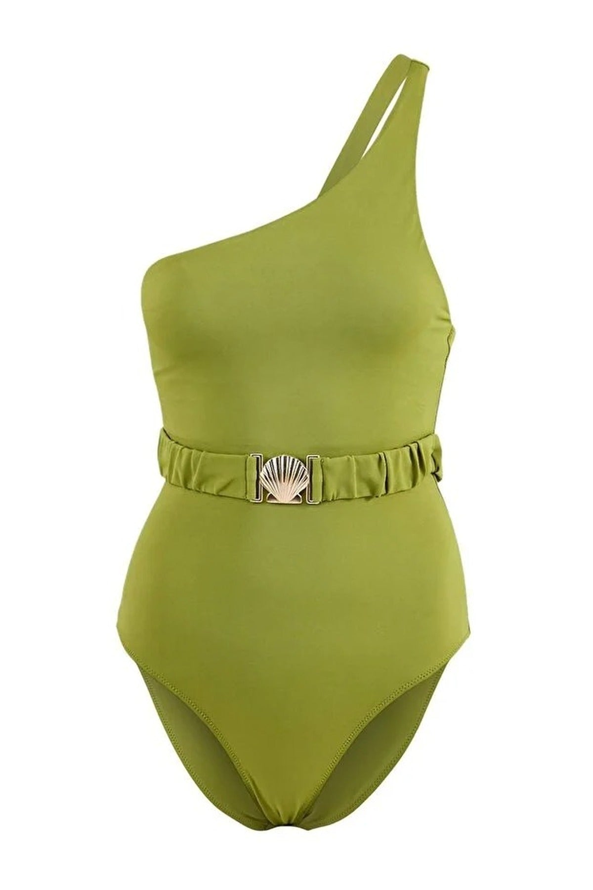 Green One Shoulder Belted Detail High Leg Swimsuit, Image 3 of 3