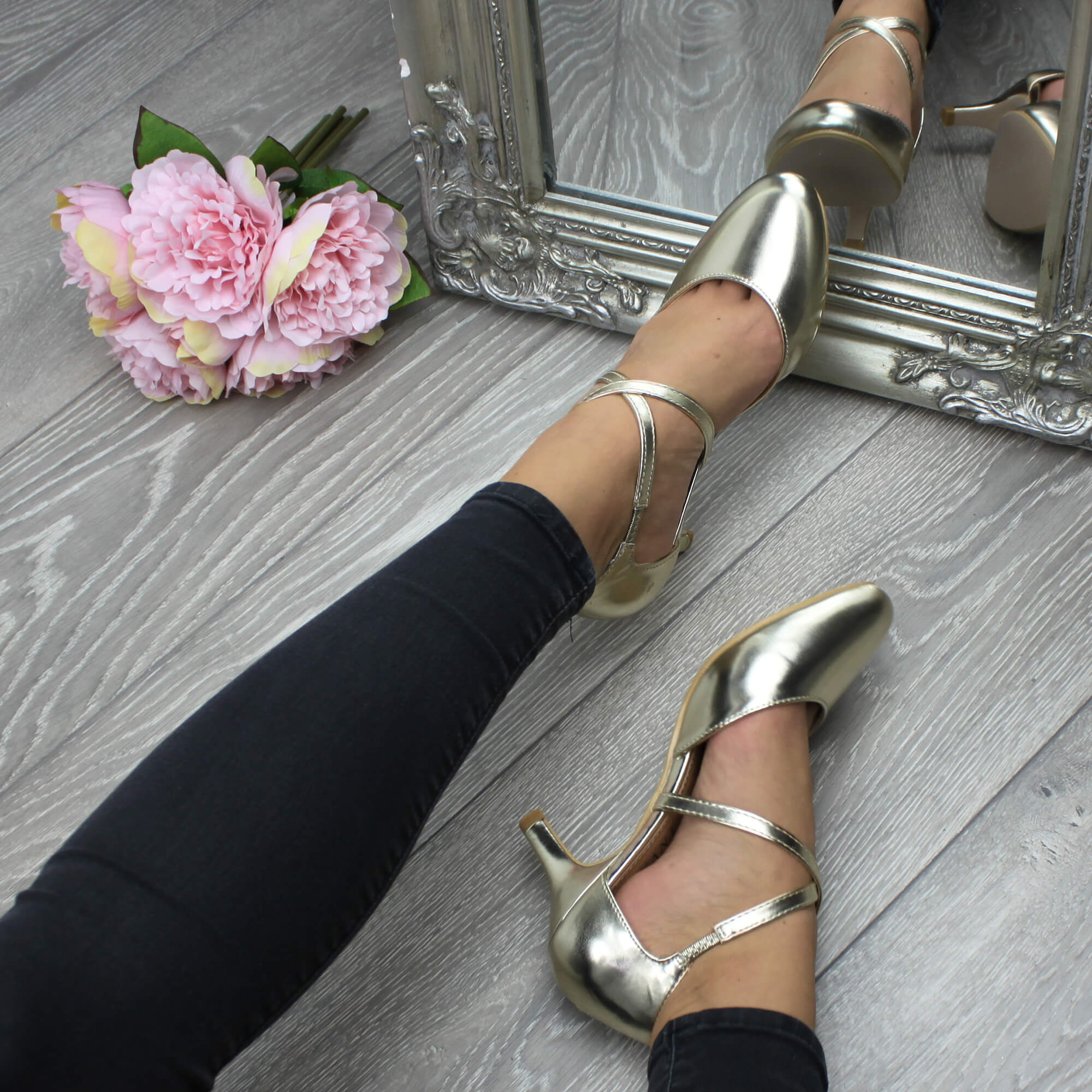 Gold High Heel Crossed Straps Court Shoes, Image 5 of 6