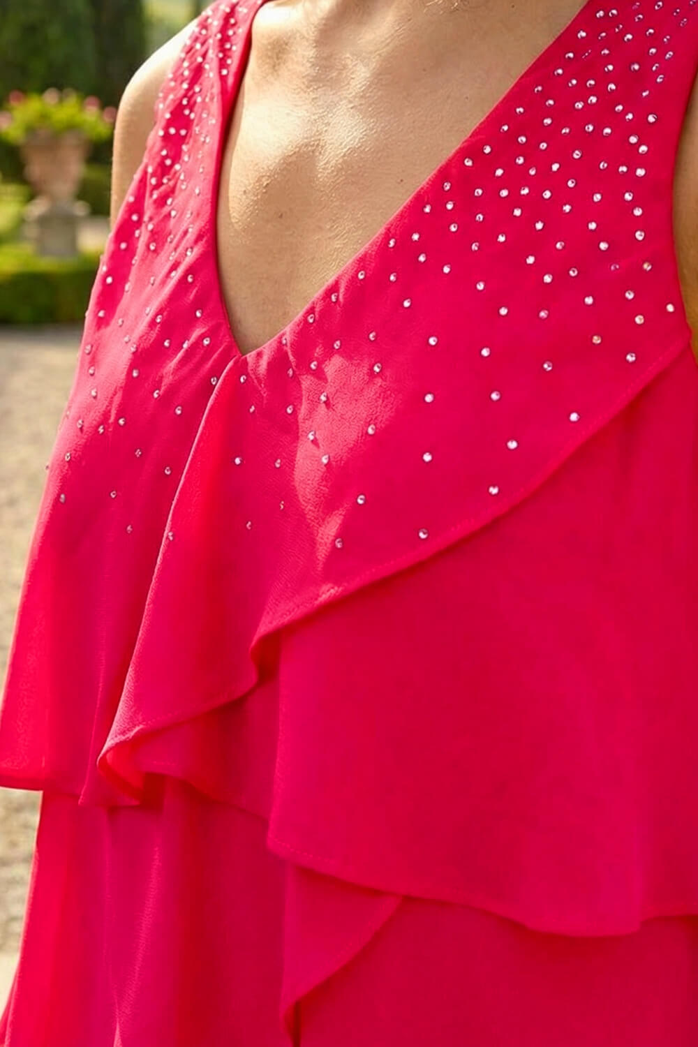 Cerise Embellished Tiered Chiffon Dress, Image 5 of 4